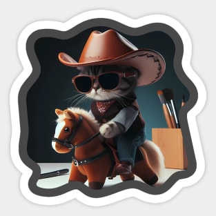 A cat wearing sunglasses and a cowboy hat riding a toy horse Sticker